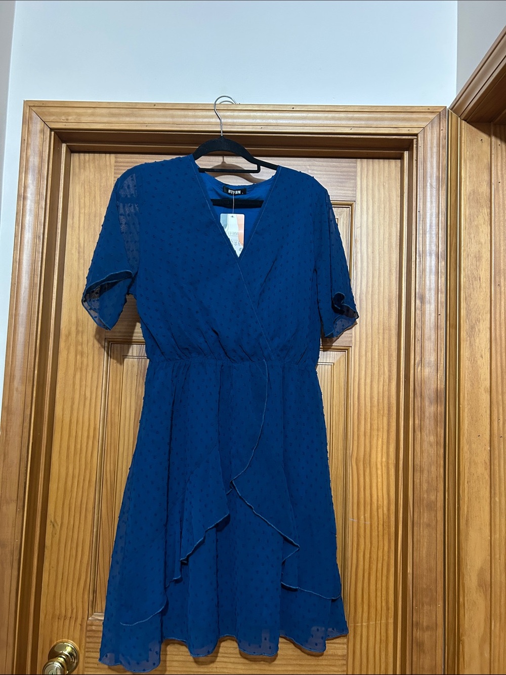 NYDJ Deep Blue Wrap Shirt-Sleeve Ruffle Dress